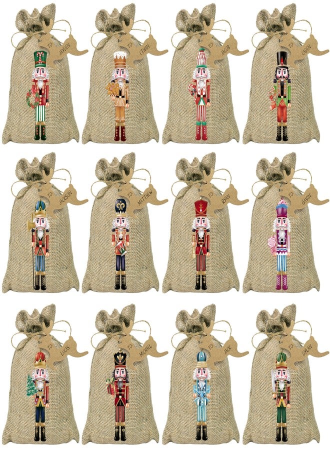 BORAMDO Christmas Nutcracker Linen Wrapping Bags, 24Pcs, Watercolor 12 Designs, Small Treat Candy Bags for Holiday Party Favor Supplies - Image 1